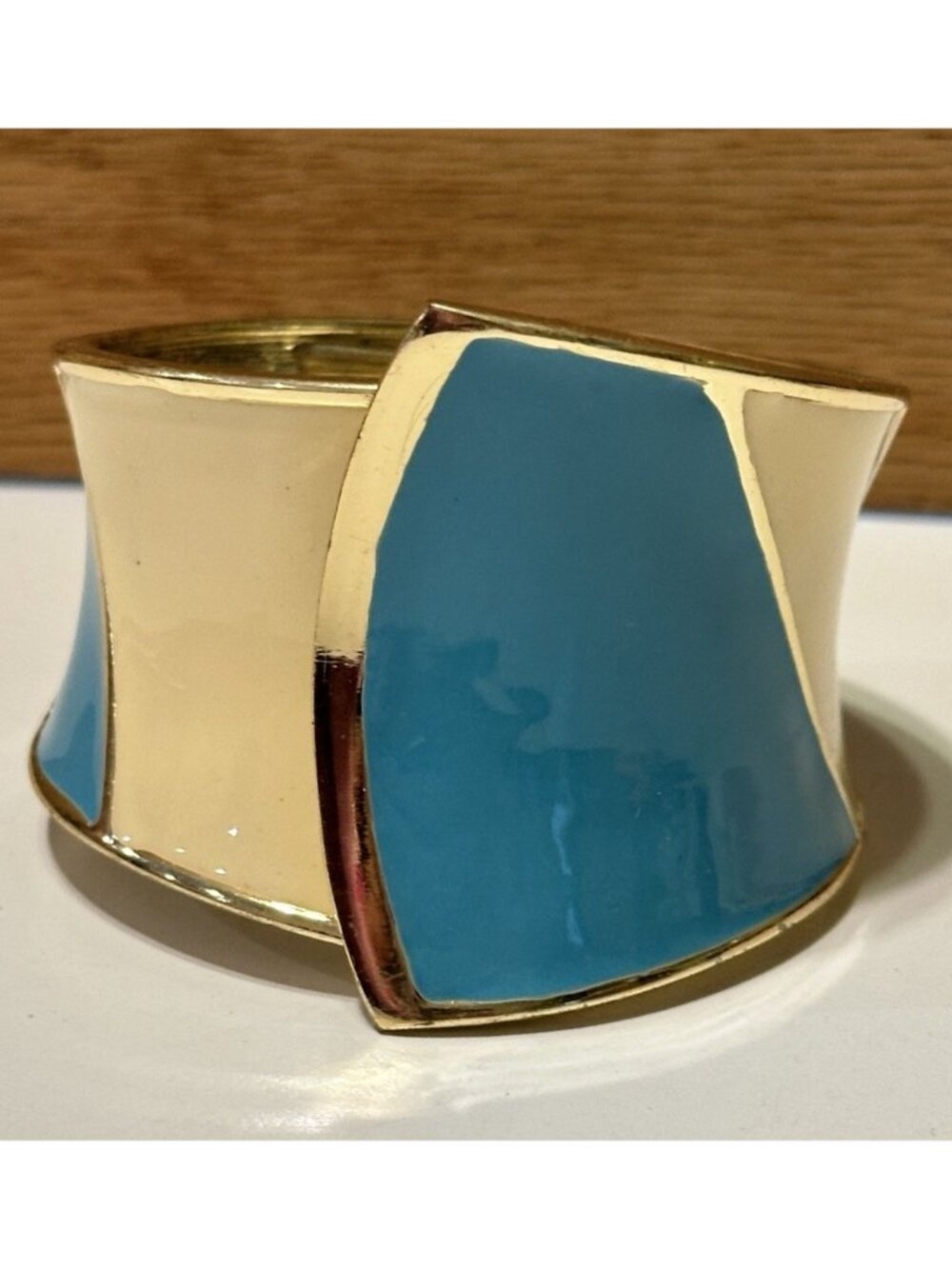 Chunky Asymmetrical Gold Tone Enamel Hinged Clamper Cuff Bracelet Turquoise Crea